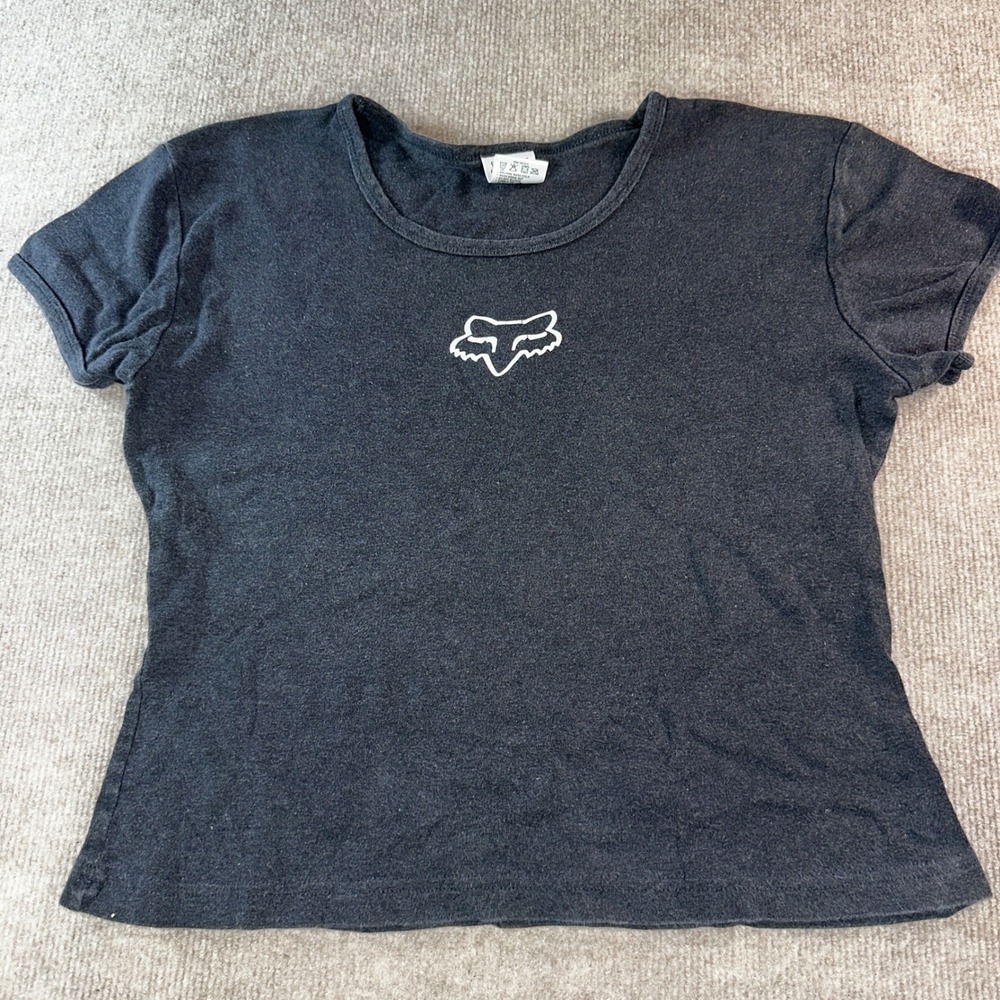 Fox Racing Womens Charcoal Gray Embroidered Baby Tee Y2K Motocross Top XL USA